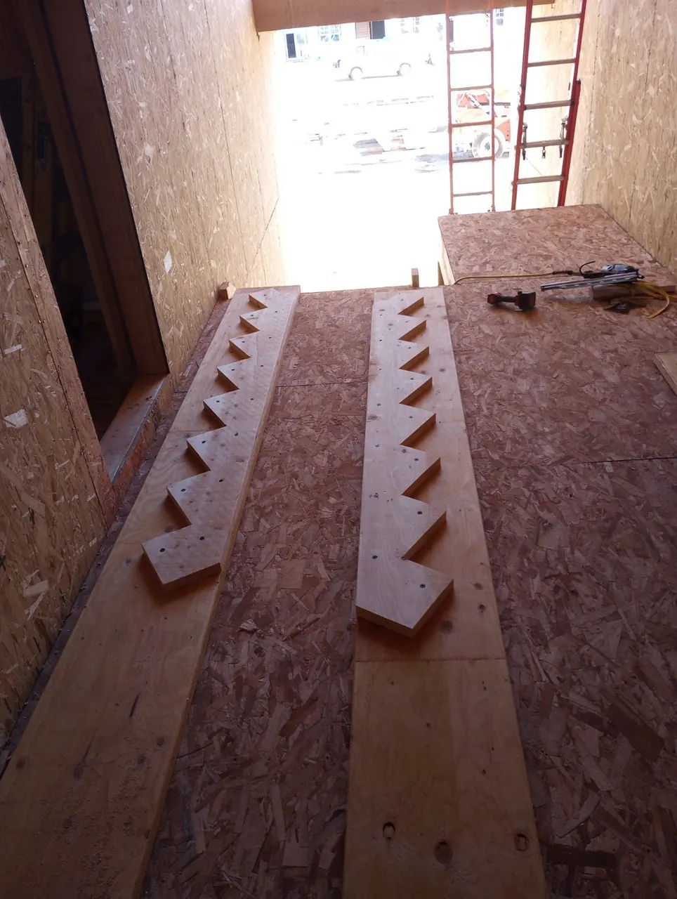 Custom stair stringers laid out and cut