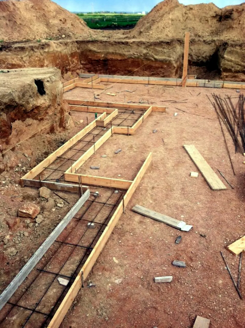 Concrete footing forms and reinforcing steel from Brady's construction career
